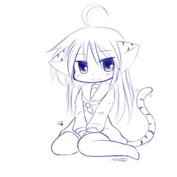 Rule 34 | 1girl, ahoge, animal ears, blush, cat ears, cat tail, flat chest, haruka (mad), long hair, mad (kusakabe), monochrome, original, simple background, sitting, smile, solo, tail, v arms, wariza, white background