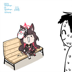 Rule 34 | 1boy, 1girl, :3, :d, animal ear fluff, animal ears, asymmetrical legwear, bench, black hair, blood, blood on face, blood splatter, blue archive, blunt bangs, blush, chibi, choker, colored inner hair, commentary, doodle sensei (blue archive), english commentary, fox ears, fox girl, fox mask, fox tail, halo, japanese clothes, long hair, long sleeves, looking at another, mask, mismatched legwear, multicolored hair, nervous sweating, obi, on bench, open mouth, out of frame, park bench, sash, school uniform, sensei (blue archive), serafuku, sidelocks, simple background, sitting, smile, sweat, tail, two-tone hair, wakamo (blue archive), white background, whitydragon