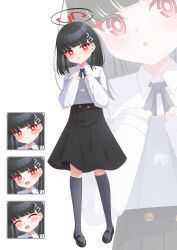 Rule 34 | 1girl, ^ ^, absurdres, aged down, black footwear, black hair, black skirt, black socks, blue archive, blush, bright pupils, closed eyes, expressions, full body, halo, highres, hugging object, looking at viewer, medium hair, multiple views, red eyes, rio (blue archive), shira jun, shirt, skirt, socks, tablet pc, white pupils, white shirt, zoom layer