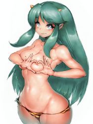 Rule 34 | 1girl, animal print, blue eyes, breasts, cameltoe, covering nipples, covering privates, curvy, fang, fumio (rsqkr), green hair, heart, heart-shaped boob challenge, heart hands, highres, horns, large breasts, long hair, looking at viewer, lum, simple background, smile, solo, thick thighs, thighs, tiger print, topless, urusei yatsura, white background, wide hips