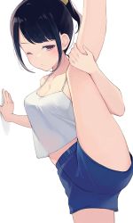 Rule 34 | 1girl, blue shorts, breasts, cleavage, collarbone, flexible, highres, hiroki (yyqw7151), leg up, one eye closed, original, ponytail, see-through silhouette, shorts, sidelocks, solo, spread legs, tank top, thighs, white background, white tank top
