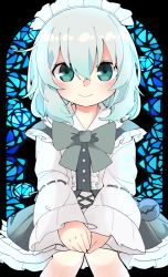 Rule 34 | 1girl, alternate costume, blue hair, blush, center frills, closed mouth, commentary request, frilled skirt, frills, green eyes, grey skirt, hair between eyes, hands on lap, komeiji koishi, long hair, long sleeves, looking at viewer, maid headdress, pleated skirt, puffy long sleeves, puffy sleeves, shirt, sitting, skirt, sleeves past wrists, smile, solo, stained glass, touhou, white shirt, yamase