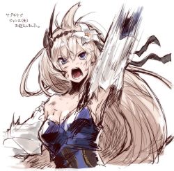 Rule 34 | &gt;:o, 10s, 1girl, :o, ahoge, arm up, armor, bad id, bad twitter id, blonde hair, blood, blue eyes, breasts, bruise, cleavage, flower, granblue fantasy, hair flower, hair ornament, injury, jeanne d&#039;arc (granblue fantasy), lily (flower), long hair, open mouth, sherad, simple background, solo, torn clothes, translation request, v-shaped eyebrows, white background