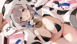 Rule 34 | 1girl, animal print, bell, bikini, black bikini, blue bow, blush, bow, breasts, cleavage, commentary request, cow hood, cow print, cowbell, green eyes, hair bow, highres, hololive, hood, hood up, large breasts, long sleeves, looking at viewer, medium hair, navel, neck bell, niii (memstapak), onesie, parted lips, revision, shirogane noel, silver hair, sitting, solo, stomach, string bikini, swimsuit, virtual youtuber