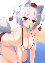 Rule 34 | 1girl, all fours, animal ears, bikini, bluekalmia, breasts, food, food in mouth, grey hair, hanging breasts, hat, inubashiri momiji, looking at viewer, medium breasts, pom pom (clothes), popsicle, popsicle in mouth, red eyes, short hair, solo, swimsuit, tail, tokin hat, touhou, wolf ears, wolf girl, wolf tail