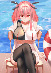 Rule 34 | 1girl, absurdres, adapted costume, alternate eye color, arm support, asymmetrical sleeves, azur lane, bangko, bare shoulders, black thighhighs, blush, bra, breasts, bremerton (azur lane), chair, cleavage, closed mouth, commentary, cowboy shot, crop top, crop top overhang, crossed legs, eyebrows hidden by hair, grey hair, hair between eyes, hair intakes, hair ornament, highres, holding, holding syringe, jacket, large breasts, lifebuoy, long hair, looking at viewer, midriff, multicolored hair, no mole, nurse, ocean, off shoulder, pencil skirt, pink bra, pink hair, red eyes, revision, shadow, shirt, sidelocks, sitting, skindentation, skirt, sleeveless, sleeveless shirt, smile, solo, streaked hair, swim ring, syringe, thighhighs, twintails, two-tone hair, two-tone shirt, underboob, underwear, uneven sleeves, white jacket, white skirt, zettai ryouiki