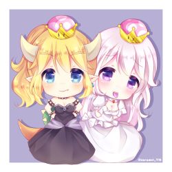 Rule 34 | 2girls, :d, black dress, blonde hair, blue eyes, blush, bowsette, bracelet, breasts, caramel (caramelmilk), cleavage, closed mouth, collar, commentary request, crown, dress, elbow gloves, fang, fang out, gloves, hair between eyes, hands on own hips, hands up, high ponytail, horns, jewelry, large breasts, long hair, luigi&#039;s mansion, mario (series), mini crown, multiple girls, new super mario bros. u deluxe, nintendo, open mouth, pointy ears, ponytail, princess king boo, puffy short sleeves, puffy sleeves, purple background, purple eyes, sharp teeth, short sleeves, silver hair, smile, spiked bracelet, spiked collar, spiked shell, spikes, strapless, strapless dress, super crown, tail, teeth, tongue, tongue out, turtle shell, twitter username, two-tone background, very long hair, white background, white dress, white gloves