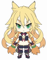 Rule 34 | 1girl, :&lt;, bare shoulders, blonde hair, boots, braid, breasts, chibi, cleavage, eyebrows, female focus, full body, green eyes, long hair, looking at viewer, majo to hyakkihei, metallica (majo to hyakkihei), midriff, navel, nippon ichi, simple background, solo, tattoo, thick eyebrows, twin braids, very long hair, white background