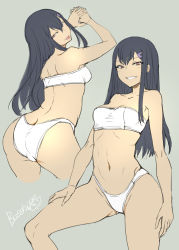 Rule 34 | 1girl, ;p, ass, back, black hair, bosshi, bra, breasts, butt crack, grey background, grin, hair ornament, highres, long hair, looking at viewer, medium breasts, multiple views, navel, one eye closed, panties, red eyes, sakugan, simple background, sketch, smile, tongue, tongue out, underwear, underwear only, white bra, white panties, zackletu