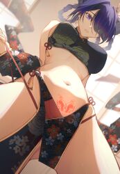 Rule 34 | 1girl, acheron (honkai: star rail), alternate costume, bare legs, bare shoulders, breasts, china dress, chinese clothes, commentary, dress, english commentary, from below, hair intakes, hair ornament, highres, honkai: star rail, honkai (series), kun (user afpk2585), large breasts, looking at viewer, navel, parted lips, pelvic curtain, pubic tattoo, purple eyes, purple hair, solo, stomach, string pull, tattoo