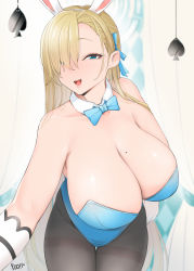 Rule 34 | 1girl, :d, a (phrase), alternate breast size, animal ears, asuna (blue archive), asuna (bunny) (blue archive), bare shoulders, black pantyhose, blonde hair, blue archive, blue eyes, blush, boca, bow, bowtie, breasts, cleavage, commentary, detached collar, english commentary, fake animal ears, gloves, hair over one eye, highres, large breasts, leotard, long hair, looking at viewer, mixed-language commentary, mole, mole on breast, open mouth, pantyhose, playboy bunny, rabbit ears, smile, solo, thighband pantyhose, traditional bowtie, white gloves