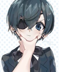 Rule 34 | 1boy, 1other, absurdres, artist name, bishounen, black ribbon, blue background, blue eyes, blue jacket, ciel phantomhive, closed mouth, commentary request, earrings, eyepatch, grabbing, hair between eyes, highres, jacket, jewelry, kuroshitsuji, looking at viewer, meme, polka dot, polka dot background, pout, pov, pov cheek grabbing (meme), pov hands, ribbon, short hair, signature, small sweatdrop, solo focus, sweat, wormy owo