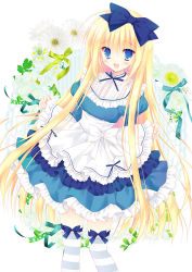 Rule 34 | 1girl, :d, alice (alice in wonderland), alice in wonderland, bad id, bad pixiv id, blonde hair, blue eyes, bow, clothes lift, frilled skirt, frills, hair bow, hair ornament, hair ribbon, hasekura chiaki, long hair, looking at viewer, open mouth, ribbon, skirt, skirt lift, smile, solo, striped clothes, striped thighhighs, thighhighs, zettai ryouiki