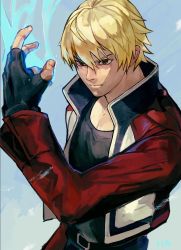 Rule 34 | 1boy, blonde hair, blue eyes, fatal fury, fingerless gloves, gloves, highres, jacket, looking at viewer, male focus, garou: mark of the wolves, oni gini, red eyes, rock howard, shirt, short hair, simple background, snk, solo, the king of fighters