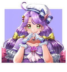 Rule 34 | 1girl, absurdres, ahoge, ascot, blue background, bow, bow earrings, capelet, choker, clothing cutout, commentary, cure coral, dress, earrings, facial mark, fingerless gloves, frilled capelet, frills, gloves, green eyes, hair bow, hat, hat bow, heart, heart cutout, heart facial mark, heart in eye, highres, index finger raised, jewelry, long hair, looking at viewer, low twintails, magical girl, multi-tied hair, multiple hair bows, pink ascot, precure, purple capelet, purple choker, purple dress, purple hair, red bow, sailor hat, sakana sakanama, solo, suzumura sango, symbol in eye, tilted headwear, tropical-rouge! precure, twintails, upper body, white gloves, white hat, x fingers, yellow bow