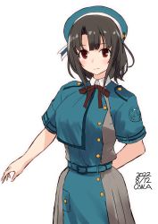 Rule 34 | 1girl, adapted costume, artist name, beret, black hair, blue dress, blue hat, breasts, cosplay, cowboy shot, dated, dress, hat, highres, kantai collection, large breasts, looking at viewer, lycoris recoil, lycoris uniform, one-hour drawing challenge, owa (ishtail), red eyes, short hair, simple background, solo, takao (kancolle), white background
