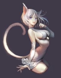 Rule 34 | 1girl, animal ears, arm at side, artist name, bare shoulders, breasts, caesty, cat ears, cat girl, cat tail, cowboy shot, detached sleeves, dress, eyelashes, frilled sleeves, frills, grey dress, hair between eyes, hand up, legs together, looking at viewer, medium breasts, microdress, original, paw pose, pink lips, purple background, purple eyes, short hair, sideboob, silver hair, simple background, sleeveless, sleeveless dress, smile, solo, tail