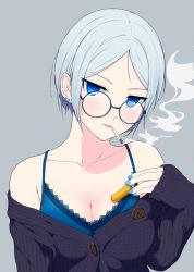 Rule 34 | 1girl, bare shoulders, blue bra, blue eyes, blue nails, bra, breasts, buttons, cigarette, cleavage, closed mouth, earrings, fingernails, freckles, frilled bra, frills, glasses, grey background, grey hair, grey jacket, hand up, hi iro, holding, jacket, jewelry, long sleeves, looking at viewer, medium breasts, mouth hold, nail polish, off-shoulder jacket, off shoulder, original, parted bangs, round eyewear, short hair, simple background, sleeves past wrists, smoke, smoking, solo, striped clothes, striped jacket, underwear, upper body, vertical-striped clothes, vertical-striped jacket