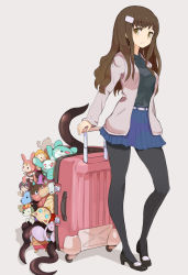 Rule 34 | 1girl, black pantyhose, brown hair, fashion, full body, hair ornament, hairclip, high heels, highres, jacket, legs, long hair, original, pantyhose, parted lips, pleated skirt, rolling suitcase, shoes, simple background, skirt, solo, stuffed animal, stuffed toy, suitcase, tarayama, yellow eyes