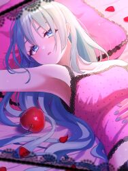 1girl apple aqua_hair armpits bare_shoulders bed_sheet blue_eyes blurry breasts camisole collarbone commentary_request depth_of_field dot_nose food frilled_pillow frills fruit hand_on_own_stomach hatsune_miku head_on_pillow highres ichigo_daifuku_(ichigo1923) lace-trimmed_camisole lace_trim light_blush light_particles long_hair looking_at_viewer lying medium_breasts messy_hair official_alternate_costume official_alternate_hairstyle on_back on_bed open_mouth outstretched_arm petals pillow pink_camisole polka_dot_camisole raised_eyebrows romeo_to_cinderella_(vocaloid) rose_petals sidelocks solo vocaloid wispy_bangs