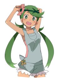 Rule 34 | 1girl, armpits, arms behind head, blush, creatures (company), dark-skinned female, dark skin, flower, game freak, green eyes, green hair, hair flower, hair ornament, ixy, long hair, looking at viewer, mallow (pokemon), nintendo, pokemon, pokemon sm, simple background, solo, teeth, twintails, upper teeth only, white background
