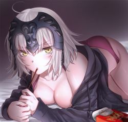 Rule 34 | &gt;:(, 1girl, ahoge, blush, breast press, breasts, cleavage, closed mouth, collarbone, fate/grand order, fate (series), food, frown, headpiece, holding, holding food, jacket, jeanne d&#039;arc (fate), jeanne d&#039;arc alter (avenger) (fate), jeanne d&#039;arc alter (fate), medium breasts, no pants, omizu (omz), on bed, open clothes, open jacket, panties, pocky, pocky day, purple panties, short hair, silver hair, solo, underwear, v-shaped eyebrows, yellow eyes