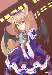 Rule 34 | 1girl, animal, animal ears, bat wings, chaakusu, collar, dress, earrings, expressionless, fennery, fennery (show by rock!!), fox ears, fox tail, frilled dress, frilled sleeves, frills, highres, holding, holding animal, jewelry, light brown hair, short hair, show by rock!!, tail, wide sleeves, wings, zebrina (show by rock!!)