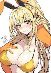 Rule 34 | 1girl, animal ears, bare shoulders, bikini, blonde hair, blush, braid, breasts, brown eyes, choker, cleavage, closed mouth, commentary request, elbow gloves, gloves, halterneck, hand on own chest, high ponytail, highres, kanade haruka, large breasts, long hair, looking at viewer, mahou shoujo madoka magica, mahou shoujo madoka magica (anime), mahou shoujo suzune magica, orange gloves, rabbit ears, senri gan, sidelocks, solo, sweat, swimsuit, upper body, yellow bikini