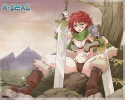 Rule 34 | breasts, green eyes, large breasts, mountain, red hair, rock, sword, tree, tyra, weapon, x-t3al