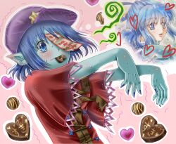 Rule 34 | 2girls, @ @, blue dress, blue eyes, blue hair, blue skin, blush, cabbie hat, candy, chinese clothes, chocolate, chocolate heart, closed mouth, colored skin, commentary request, dress, fingerless gloves, food, gloves, hair ornament, hair rings, hair stick, hat, hat ornament, heart, highres, jiangshi, kaku seiga, lace-trimmed sleeves, lace trim, looking at viewer, medium hair, misaki (originalsin), miyako yoshika, multiple girls, nail polish, ofuda, outstretched arms, pointy ears, purple headwear, purple nails, red shirt, shirt, short hair, short sleeves, star (symbol), star hat ornament, tangzhuang, touhou, translation request, trembling, upper body, wavy mouth, wide sleeves, zombie pose