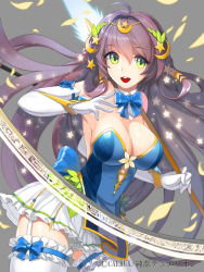 Rule 34 | 1girl, bell, blush, breasts, brown hair, character request, cleavage, collar, copyright name, cross-laced clothes, detached collar, elbow gloves, garter straps, gloves, green eyes, hair ornament, junketsu duelion, large breasts, long hair, magic circle, neck bell, open mouth, simple background, skirt, smile, snowball22, solo, thighhighs, watermark, white gloves, white thighhighs