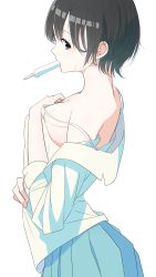 Rule 34 | 1girl, arched back, aspara, bare shoulders, black eyes, black hair, breasts, female focus, food, from side, hand on own chest, highres, large breasts, looking at viewer, mouth hold, off shoulder, original, pleated skirt, popsicle, shirt, short hair, skirt, solo, strap slip, suggestive fluid, sweat, upper body