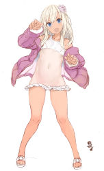 Rule 34 | 1girl, absurdres, bikini, blonde hair, blue eyes, blush, collarbone, fang, flower, hair between eyes, hair flower, hair ornament, highres, jacket, kantai collection, long hair, long sleeves, navel, official alternate costume, open clothes, open jacket, open mouth, pink flower, pink jacket, ro-500 (kancolle), ryo (tg290), sandals, signature, simple background, skin fang, solo, swimsuit, white background, white bikini
