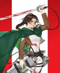 Rule 34 | 1girl, arm up, artist name, belt, blood, blood on clothes, blood on face, bloody weapon, blouse, braid, braided ponytail, breasts, brown hair, brown jacket, buttons, cape, collared shirt, commission, emblem, fingernails, green cape, green eyes, highres, holding, holding sword, holding weapon, jacket, long sleeves, looking away, original, pants, paradis military uniform, parted lips, shingeki no kyojin, shirt, simple background, single braid, solo, standing, sword, thigh strap, three-dimensional maneuver gear, upper body, weapon, white pants, white shirt, yujurro