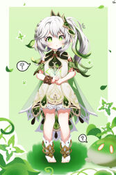 Rule 34 | 1girl, ?, absurdres, bare shoulders, commentary request, dress, full body, genshin impact, gradient hair, green background, green eyes, green hair, grey dress, grey hair, highres, long hair, multicolored hair, nahida (genshin impact), no shoes, notice lines, own hands together, parted lips, pointy ears, side ponytail, sidelocks, sleeveless, sleeveless dress, slime (creature), slime (genshin impact), socks, solo, spoken question mark, sprout (haji s), standing, stirrup legwear, toeless legwear, white socks