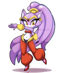 Rule 34 | 1girl, arabian clothes, baggy pants, blaze the cat, bracer, cosplay, earrings, eyelashes, furry, furry female, highres, jewelry, long hair, looking at viewer, midriff, navel, o-ring, o-ring top, pants, pastellovesya, ponytail, purple fur, red footwear, red pants, shantae, shantae (cosplay), shantae (series), sonic (series), very long hair, white background, yellow eyes