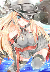 Rule 34 | 10s, 1girl, anchor, armband, bad id, bad pixiv id, bare shoulders, bariko, bismarck (kancolle), blonde hair, blue eyes, blush, breasts, cannon, collarbone, cross, grey thighhighs, hat, kantai collection, large breasts, long hair, military hat, ocean, personification, solo, star (symbol), thighhighs, turret, weapon