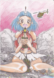 Rule 34 | absurdres, aircraft, blue hair, brown eyes, bunker k, city, crushing, destruction, dog, giant, giantess, helicopter, highres, house, military, military vehicle, motor vehicle, open mouth, sitting, surprised, tank, tree