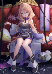 Rule 34 | 1girl, :d, absurdres, bare shoulders, black footwear, black shorts, blonde hair, boots, breasts, cleavage, couch, green eyes, hair over shoulder, highres, holding, jacket, long hair, long sleeves, looking at viewer, low twintails, medium breasts, off shoulder, on couch, open clothes, open jacket, open mouth, original, ponta (velmar), puffy long sleeves, puffy sleeves, sharp teeth, short shorts, shorts, signature, sitting, smile, solo, teeth, twintails, very long hair, vial, white jacket