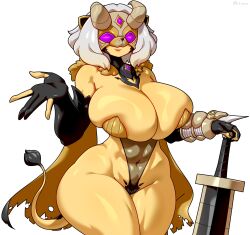Rule 34 | artist request, breasts, curvy, highres, horned mask, huge breasts, mask, sword, tagme, thick thighs, thighs, weapon, white background, white hair, wide hips
