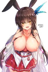 Rule 34 | 1girl, :d, animal ears, artist name, bad id, bad pixiv id, blush, bow, breasts, breasts out, brown hair, collarbone, commentary request, commission, cowboy shot, fangs, hair ornament, head tilt, highres, japanese clothes, kimono, korean commentary, large breasts, long hair, long sleeves, looking at viewer, maett, miniskirt, nipples, obi, off shoulder, open clothes, open kimono, open mouth, pleated skirt, rabbit ears, rabbit girl, red skirt, ribbon-trimmed sleeves, ribbon trim, sash, simple background, skirt, smile, solo, very long hair, water, white background, white bow, white kimono, wide sleeves, yellow eyes