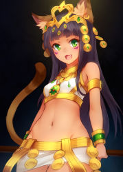 Rule 34 | 1girl, animal ears, bastet (p&amp;d), black hair, blunt bangs, blush, breasts, cat ears, cat tail, dark-skinned female, dark skin, egyptian, fang, green eyes, groin, highres, jewelry, long hair, looking at viewer, midriff, navel, open mouth, puzzle &amp; dragons, ricegnat, simple background, skirt, small breasts, smile, solo, tail