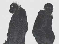 Rule 34 | 2boys, absurdres, aikawa (dorohedoro), backwards hat, black theme, caiman (dorohedoro), chenrong96, cowboy shot, dorohedoro, facing down, gas mask, hands in pockets, hat, highres, hood, hoodie, looking at viewer, male focus, mask, multiple boys, spikes, white background