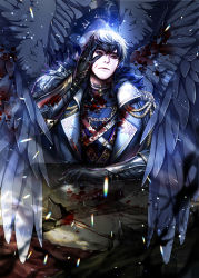 Rule 34 | 1boy, black wings, blood, blood on clothes, blood on face, coat, crack, cracked floor, debris, eu (euspia), expressionless, fur coat, kim hyunsung (regressor&#039;s instruction manual), looking to the side, red eyes, regressor&#039;s instruction manual, solo, upper body, wings