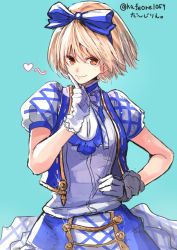Rule 34 | 10s, 1girl, alternate costume, bad id, bad nicoseiga id, blonde hair, blue ribbon, blush, brown eyes, cafe au lait (kafeore), djeeta (granblue fantasy), dress, gloves, granblue fantasy, hair ribbon, hairband, hand on own hip, kimi to boku no mirai, looking at viewer, puffy short sleeves, puffy sleeves, ribbon, short hair, short sleeves, simple background, sketch, smile, solo, sparkle, superstar ex (granblue fantasy), twitter username, white gloves