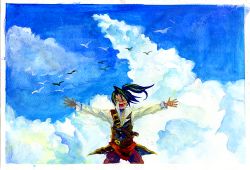 Rule 34 | 1boy, animal, arms up, belt, belt buckle, bird, black hair, blue sky, blush, buckle, cloud, cloudy sky, etrian odyssey, closed eyes, flying, gun, long hair, male focus, n sonota, open mouth, outdoors, outstretched arms, painting (medium), pirate, pirate (sekaiju), ponytail, sky, solo, spread arms, standing, tongue, traditional media, watercolor (medium), weapon