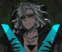 Rule 34 | 1boy, black jacket, black sclera, brown background, collarbone, colored sclera, d:, gauntlets, green eyes, grey hair, gwen (league of legends), highres, jacket, league of legends, male focus, no shirt, open clothes, open jacket, open mouth, oversized object, scissors, shadow, short hair, solo, teeth, timochung, triangle, viego (league of legends)