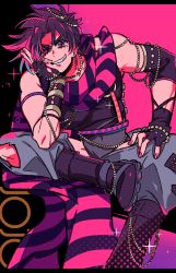 Rule 34 | 1boy, armband, battle tendency, boots, bracelet, chaps, character name, commentary request, covered navel, crop top, ear piercing, earrings, elbow sleeve, fingerless gloves, foot out of frame, gloves, grin, halftone, hand on own cheek, hand on own face, head rest, highres, jewelry, jojo no kimyou na bouken, joseph joestar, joseph joestar (young), leotard, leotard under clothes, letterboxed, looking at viewer, male focus, multicolored hair, nail polish, necklace, piercing, pink eyes, pink nails, purple footwear, purple gloves, purple hair, sameyama jiro, scarf, short hair, sleeveless, smile, solo, sparkle, streaked hair, striped clothes, striped scarf, torn clothes