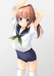 Rule 34 | 1girl, arm up, arms behind head, arms up, blue eyes, blue one-piece swimsuit, blue sailor collar, brown hair, clothes pull, feet out of frame, green neckerchief, highres, looking at viewer, neckerchief, no pants, old school swimsuit, one-piece swimsuit, one-piece swimsuit pull, original, ponytail, sailor collar, sailor shirt, school swimsuit, school uniform, serafuku, shibacha, shirt, smile, solo, swimsuit, thighhighs, white shirt