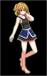 Rule 34 | 1girl, barefoot, black background, black shirt, black skirt, blonde hair, blush, breasts, closed mouth, commentary request, expressionless, full body, green eyes, green outline, half updo, looking at viewer, lowres, mizuhashi parsee, outline, pixel art, pointy ears, scarf, shirt, short hair, short ponytail, simple background, skirt, sleeveless, sleeveless shirt, small breasts, solo, standing, touhou, unk kyouso, white scarf